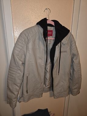GUESS Men's Faux Leather Hooded Moto Jacket Beige Cream Size Small